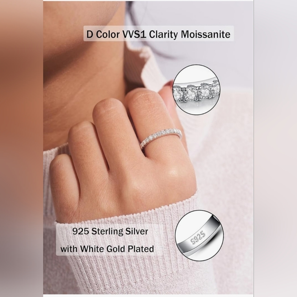 Moissanite Size 6 Half Eternity Band 18k White Gold Plated Sterling Silver - Picture 3 of 9